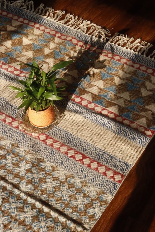 Cotton Blend Old School Block Printed Blue and Red Kaleen