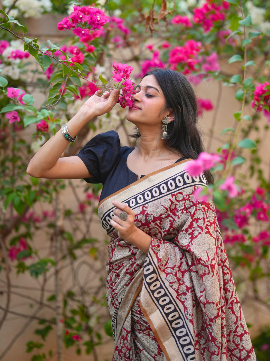 Red blossom Bagru Print Saree