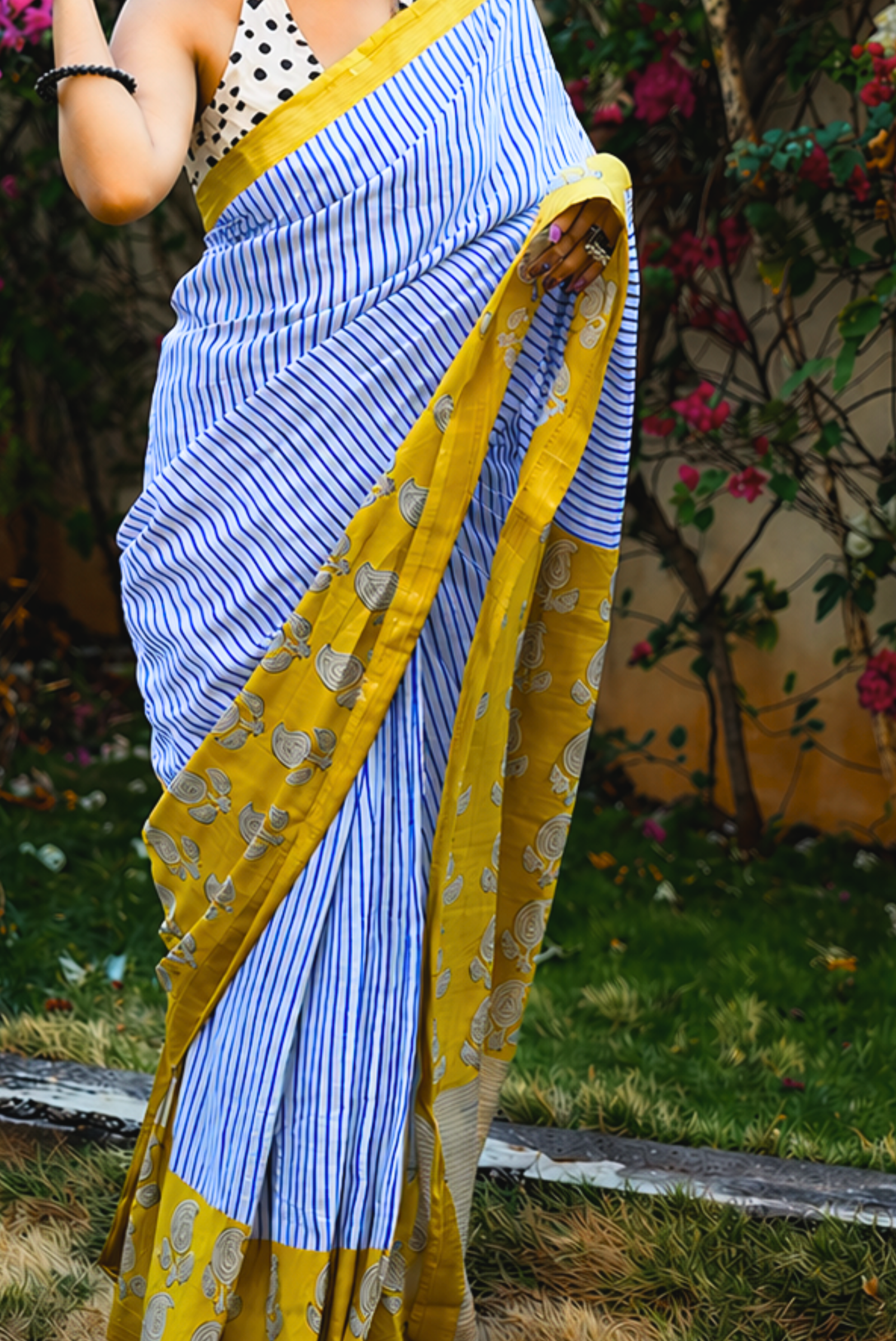 Indibar Bagru Print Saree – indigo bar stripe handcrafted cotton saree | Karmara India