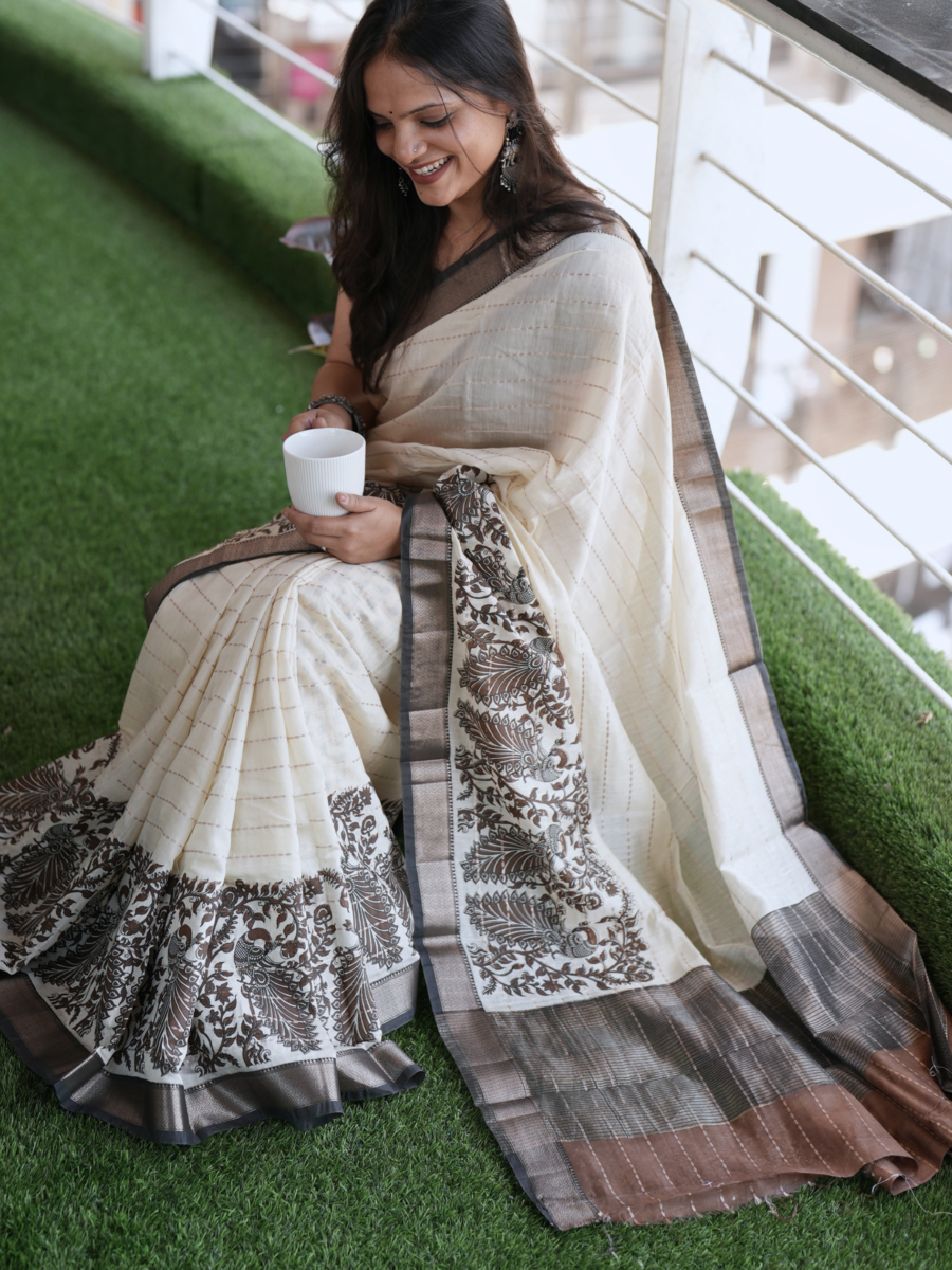 Ivory Block Print Saree