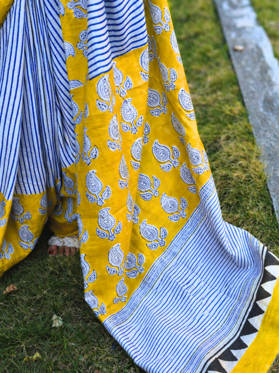 Indibar Bagru Print Saree – drape view, indigo bar stripe bagru handmade saree | Karmara