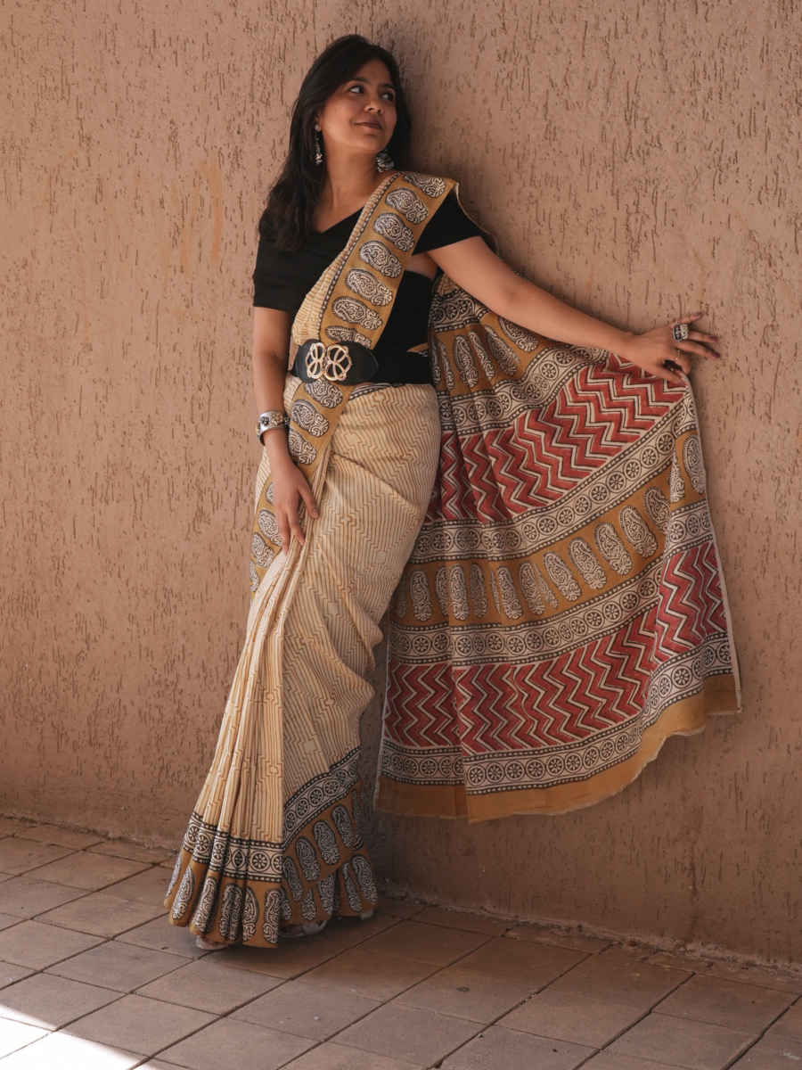 Mustard Stripeplay Bagru Print Saree
