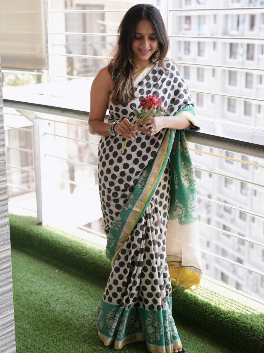 Midnight Polkaplay Bagru Print Saree