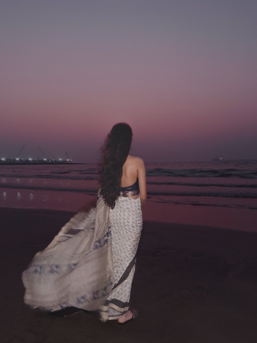 Daydream Bagru Print Saree – styled view, artisan pastel floral print saree India | Karmara