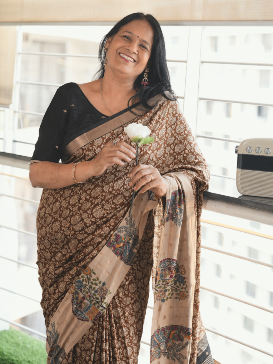 Barkha Bagru Print Saree – blue-grey floral rain handcrafted cotton saree by Karmara India