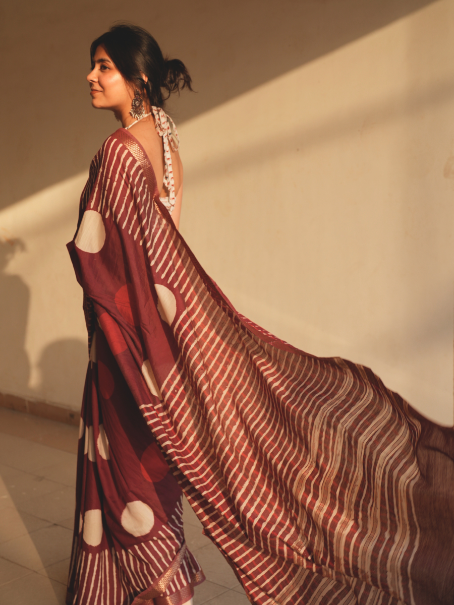 Polka Punch Dabu Print Saree – multicolor polka dot handcrafted cotton saree | Karmara India