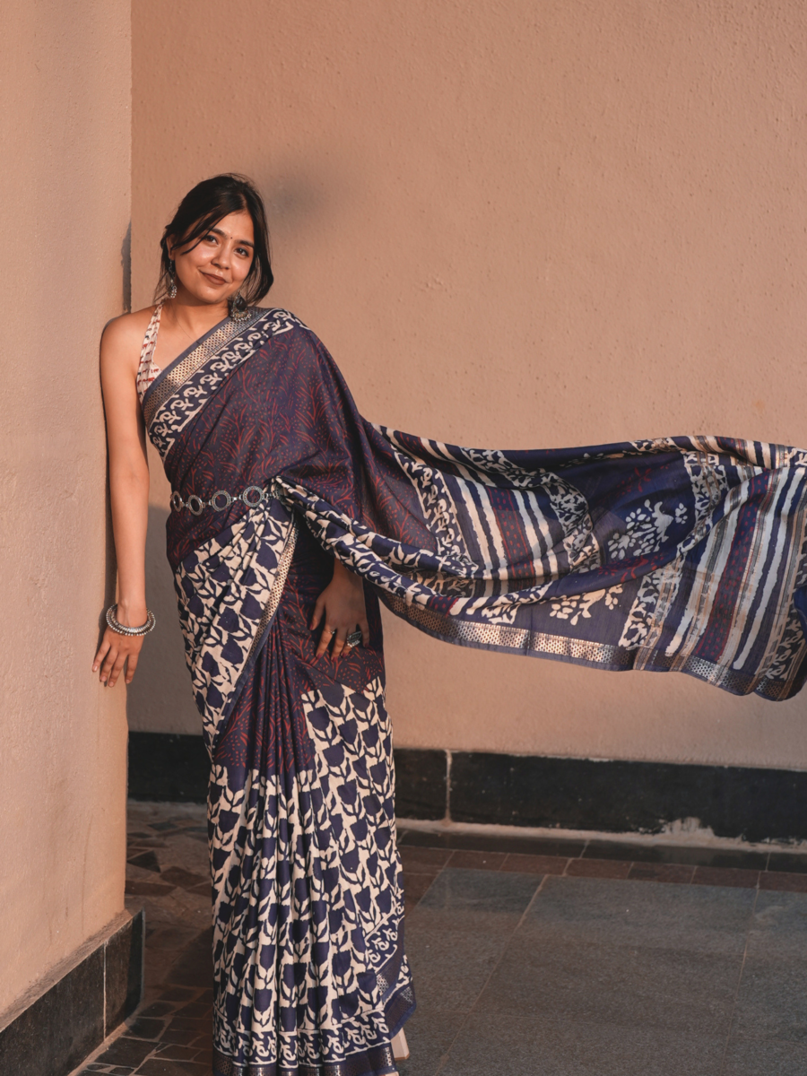 Shapeplay Dabu Print Saree – multicolor geometric handcrafted cotton saree by Karmara India