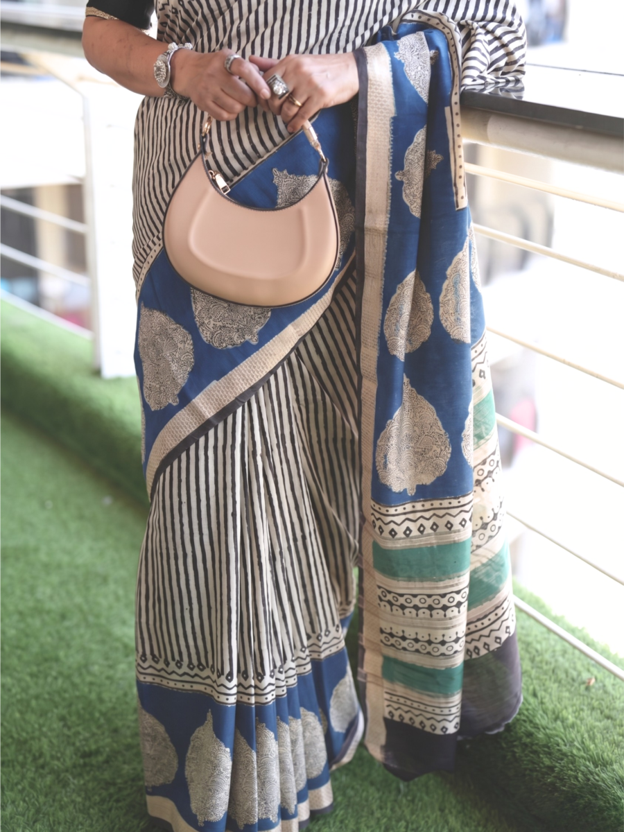 Peachglow Block Print Saree – drape view, peach block print artisan saree India | Karmara