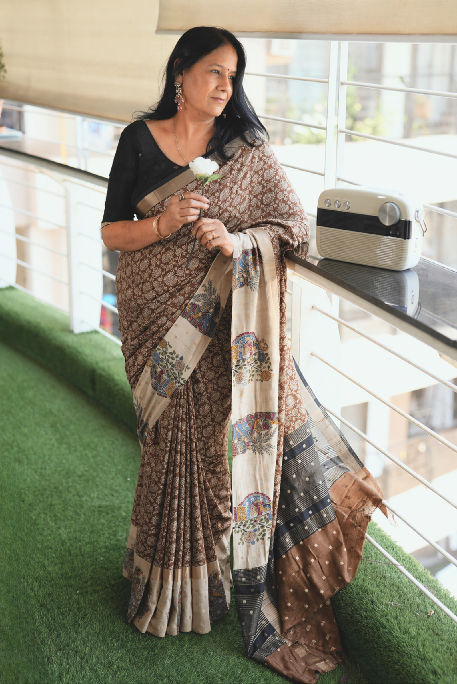 Barkha Bagru Print Saree – drape view, handmade bagru print cotton saree online India | Karmara