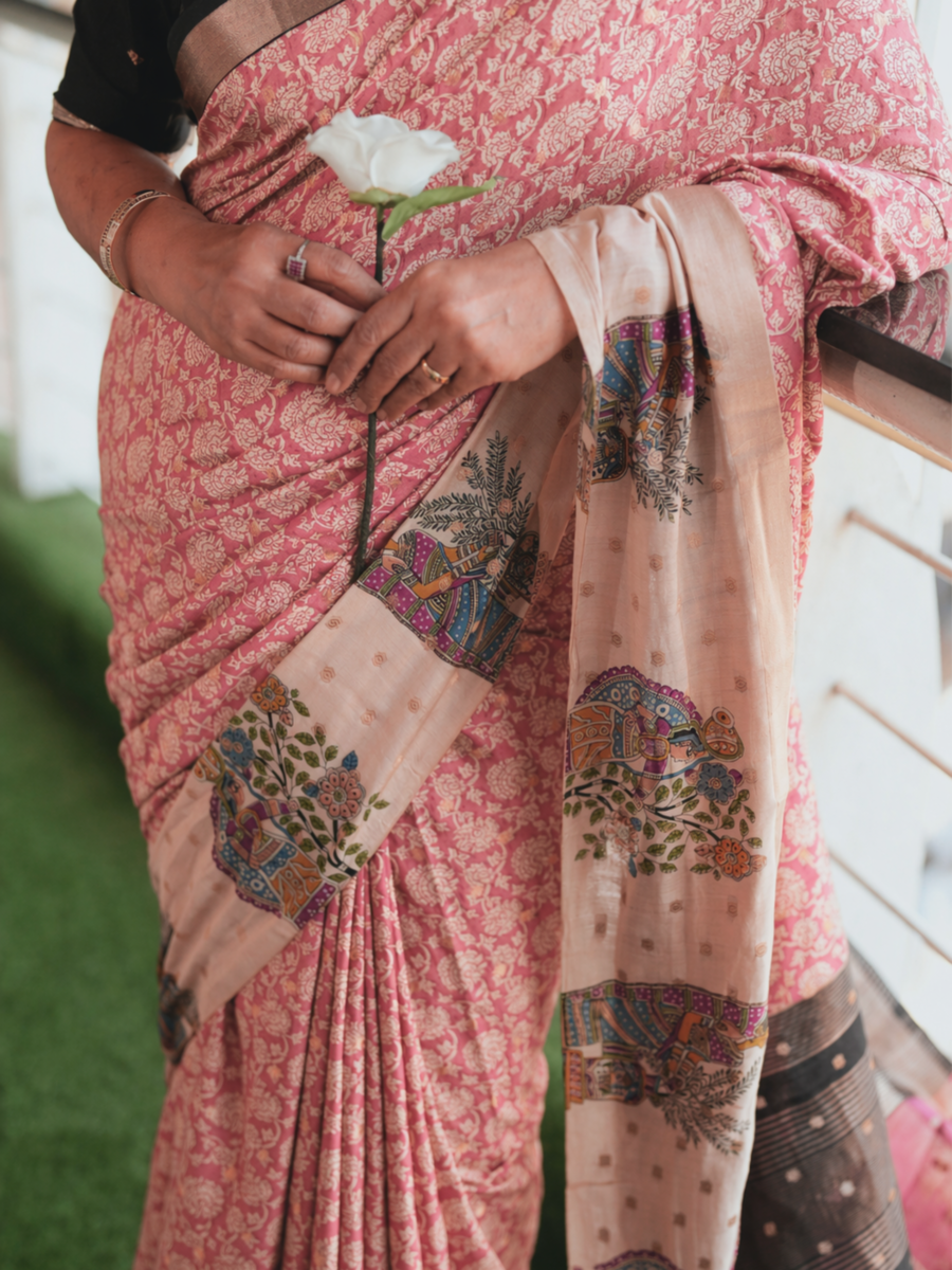 Coffeeglow Block Print Saree – full view, buy coffee brown block print saree online India | Karmara