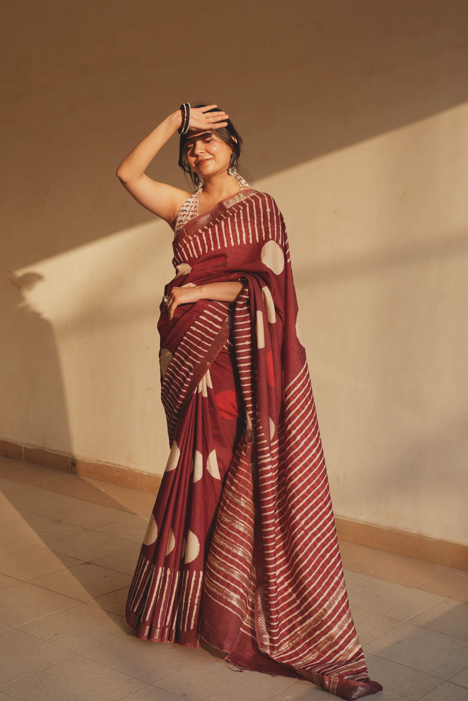 Polka Punch Dabu Print Saree – texture detail, artisan handmade polka dot saree India | Karmara