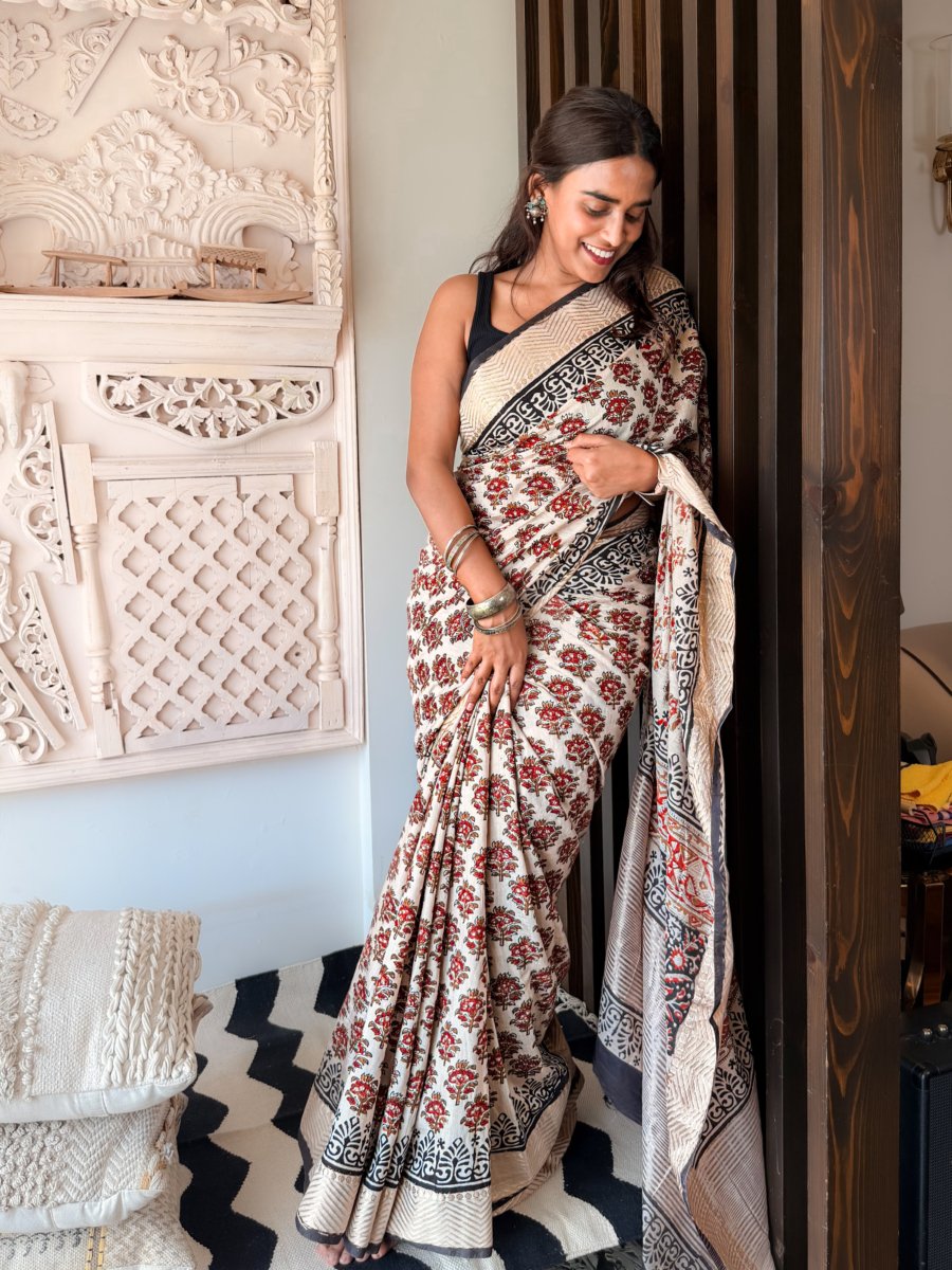 Tropical Pattern Dabu Print Saree – styled shot, handcrafted dabu saree for festive wear | Karmara
