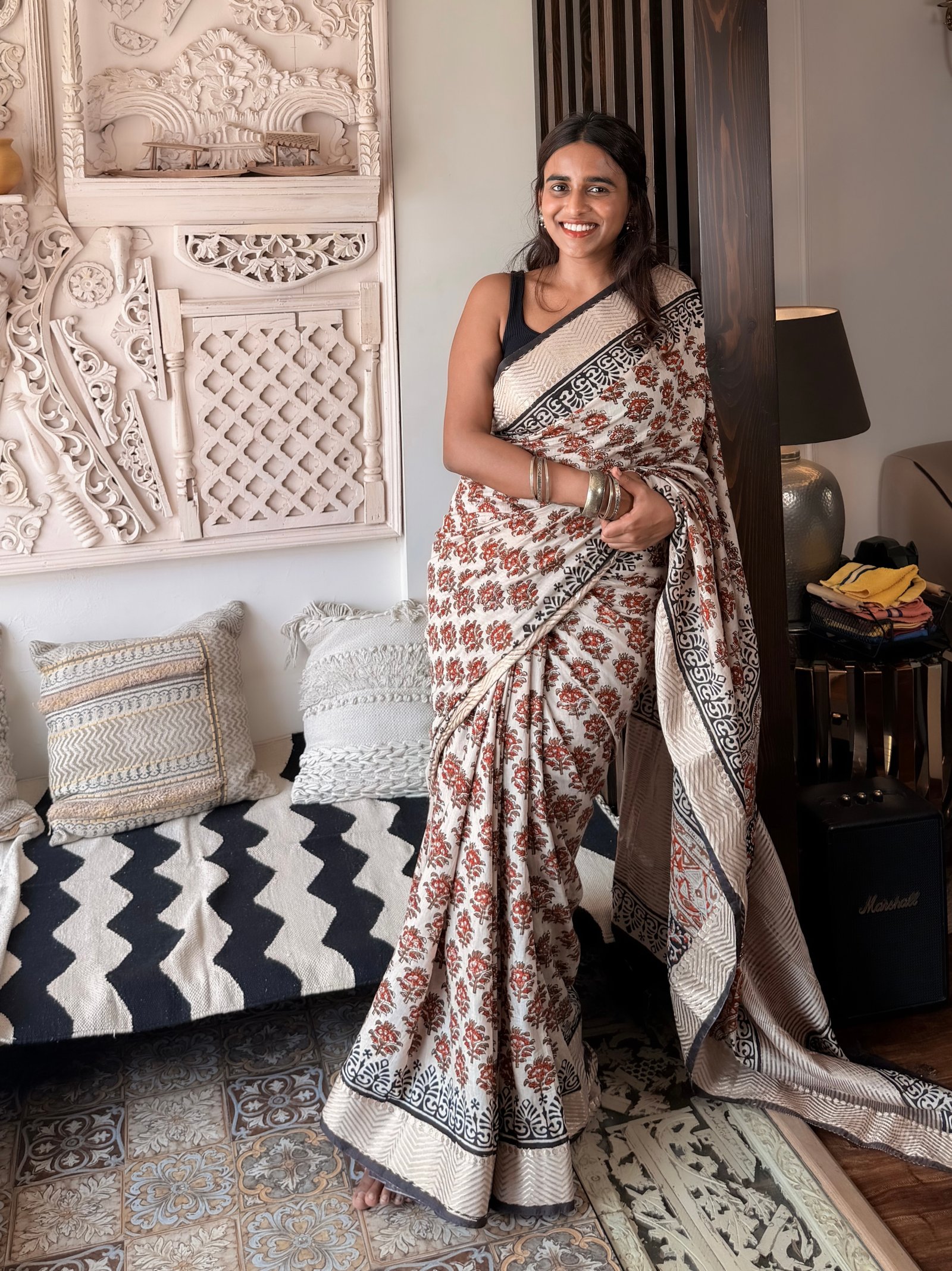 Tropical Pattern Dabu Print Saree – full view, buy tropical dabu print saree online India | Karmara